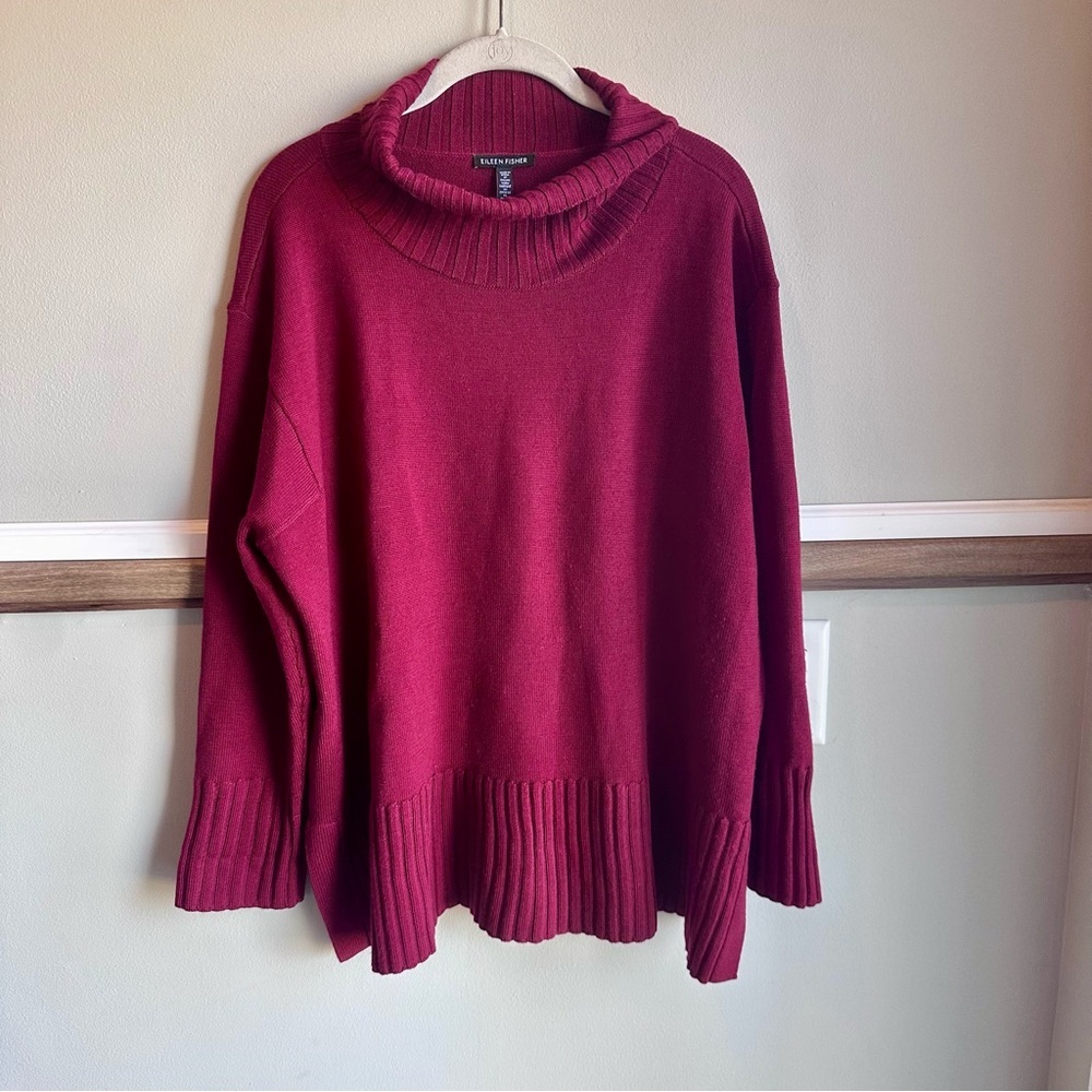 Eileen Fisher Cowl Neck 100% Merino Wool Sweater Berry Red​